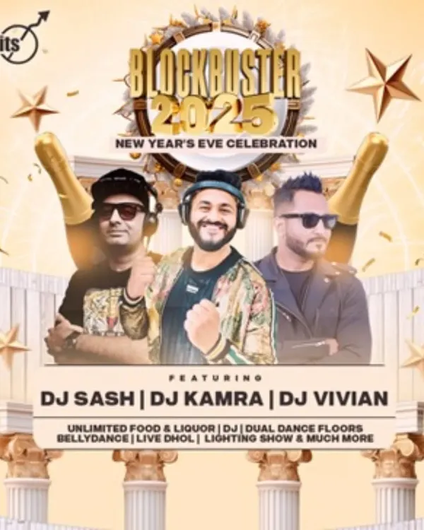 The poster for our Blockbuster 2025 New Year's Eve celebration. I was part of a multi-DJ lineup with dual dance floors and non-stop entertainment.