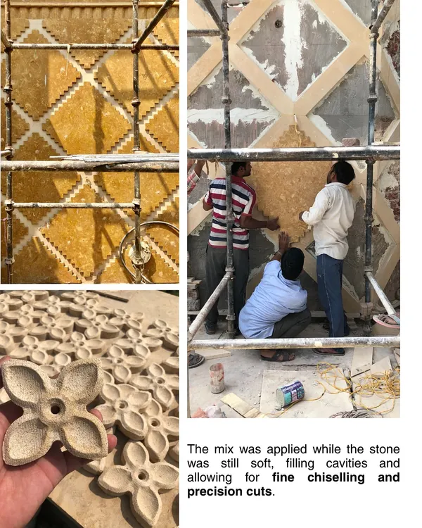For Stone Print Villa, we revived the use of Jaisalmer yellow sandstone by developing a blending process with lentil paste and jaggery sap. This strengthened the porous stone, allowing for the fine chiselling and precision cuts seen in these on-site application photos.