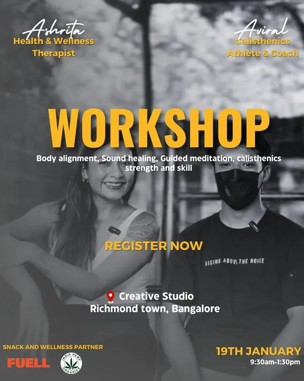 The poster for a workshop I co-hosted, blending body alignment and sound healing with calisthenics. This collaboration offered a unique way to explore both strength and stillness.