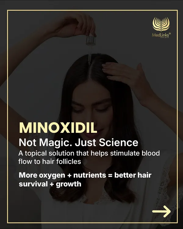 Minoxidil is not magic, it's science. It is a topical solution that stimulates blood flow to hair follicles, delivering more oxygen and nutrients to improve hair survival and growth.