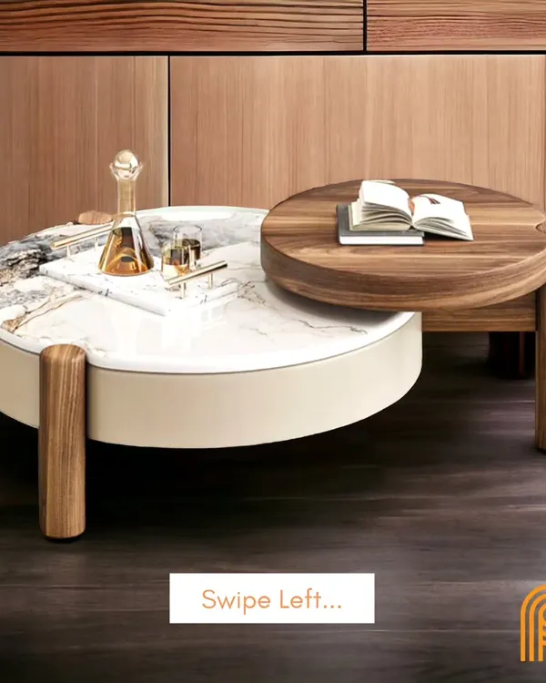 A sleek and stylish round coffee table set. This design features a combination of a marble-topped table and a nesting solid wood table, offering a perfect blend of form and function.