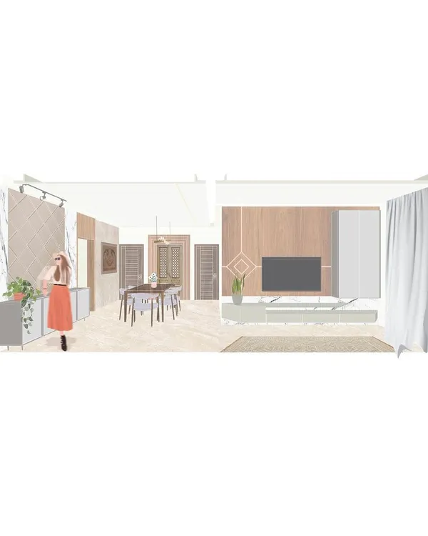 An initial concept illustration for an apartment living and dining area, exploring the layout, material palette, and overall mood of the space.