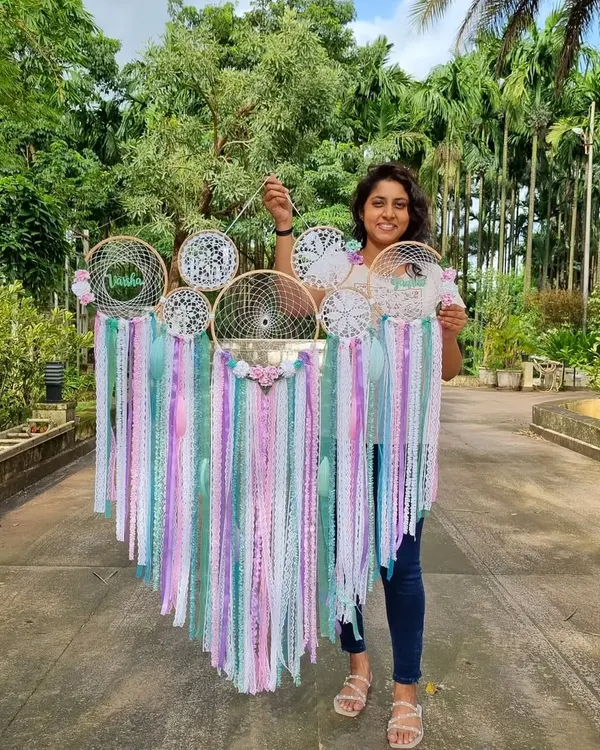 This large, custom pastel dreamcatcher shows the scale and beauty of our statement wall art. We love working with clients to create pieces like this that bring serenity and personal style to a space.