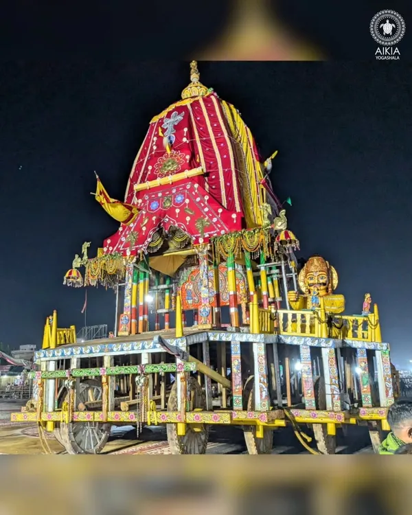 The magnificent chariot of Lord Jagannath, seen during our Rath Yatra pilgrimage. This festival is a powerful reminder of surrender, seva, and the soul's journey with the Lord, a cornerstone of our spiritual community events.