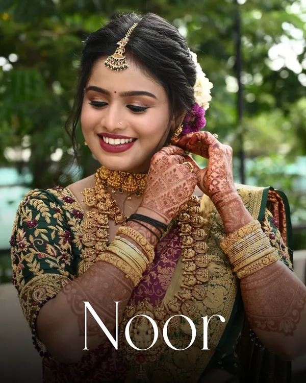 This is the radiant glow I love to create. This South Indian bridal look features soft bronze-gold eyes and bold berry lips, all brought together with a dewy base to let her natural beauty shine through.