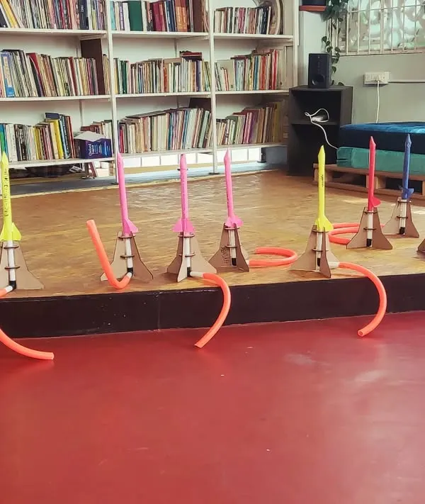 Our fleet of stomp rockets is ready for launch! This is one of our most exciting outdoor activities, where kids learn about air pressure and aerodynamics.