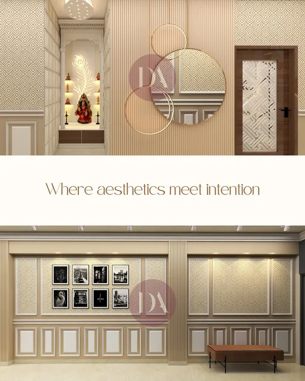 This collage shows a mandir unit with a peacock feather detail and a Ganesha idol, set within a niche. The design uses traditional patterns and warm lighting to create a peaceful and divine corner.