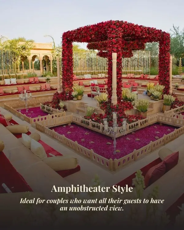 A breathtaking amphitheater-style seating arrangement for a royal Rajasthani wedding. The central mandap, covered in red roses, is the focal point, ensuring every guest has an unobstructed and spectacular view.
