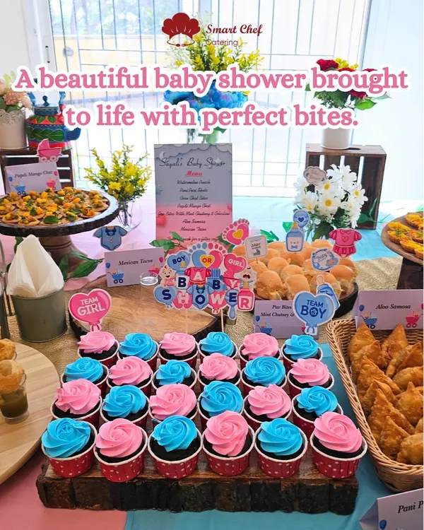 A beautiful baby shower brought to life with perfect bites. This stunning spread features themed cupcakes, savory samosas, pani puri shots, and mini pav bites, celebrating the sweet moments to come.