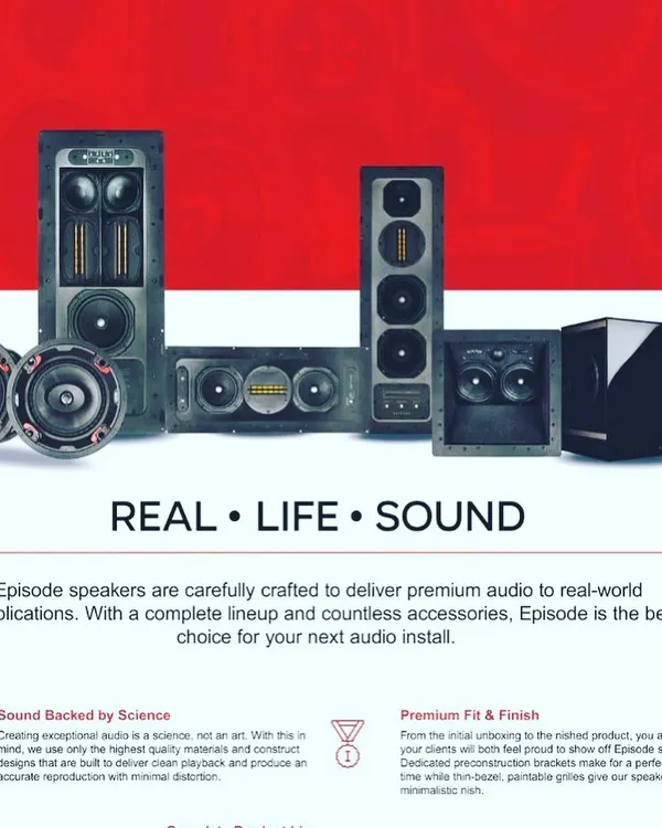 We source speakers from specialized audio brands like Episode. Their product lineup includes a variety of options, from in-wall speakers that disappear into your room to powerful subwoofers, allowing us to design a scientifically-backed sound system for any application.