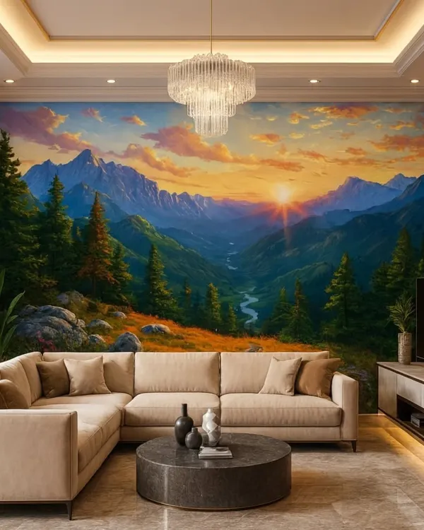 A breathtaking sunset mountain landscape wallpaper that turns this living room wall into a window with a view. The warm colors create a cozy and inviting atmosphere.