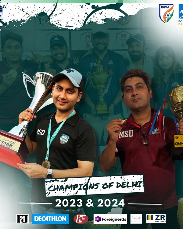 Reigning, defending, undisputed. A graphic celebrating our Technical Director with the trophies from our 2023 and 2024 Delhi league championship victories.