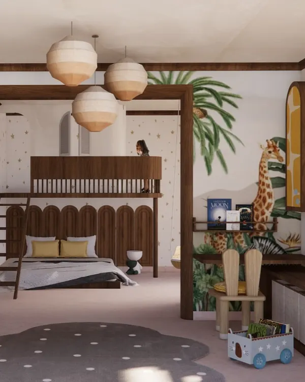 A proposed design for a kid's bedroom at Opulent Spire, Jayanagar. The room has a tropical theme with bold wallpaper, a custom bunk bed, and a bay window seating area, creating multiple zones for play, study, and rest.