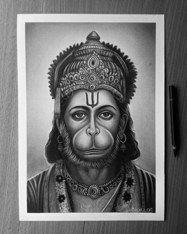 This is a detailed graphite and charcoal portrait of Lord Hanuman. I focused on creating a powerful yet serene expression, paying close attention to the intricate details of his crown and the texture of his features to bring the piece to life.