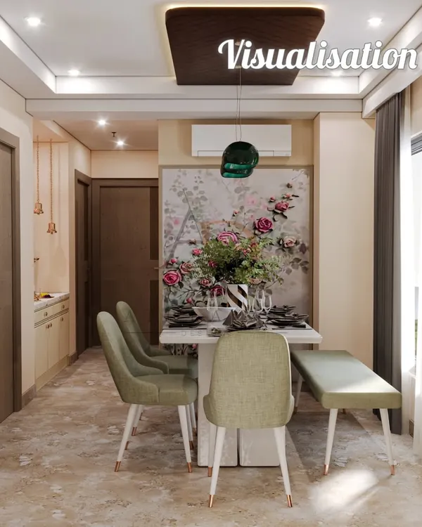 The 3D visualization for a dining area, showing our initial plan with a floral art piece, bench seating, and elegant pendant lights.