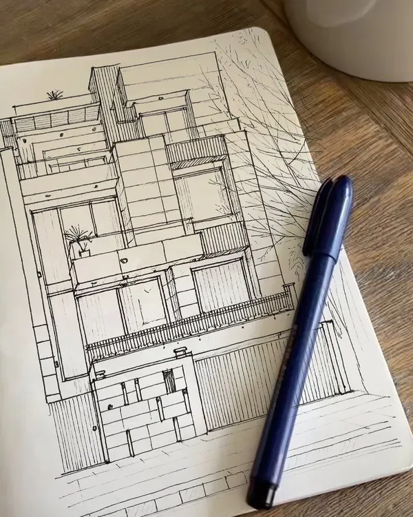 Every idea starts the same way, with a pen, a piece of paper, and a rough sketch. Here is the initial concept sketch for a modern, multi-level residence with interlocking volumes.