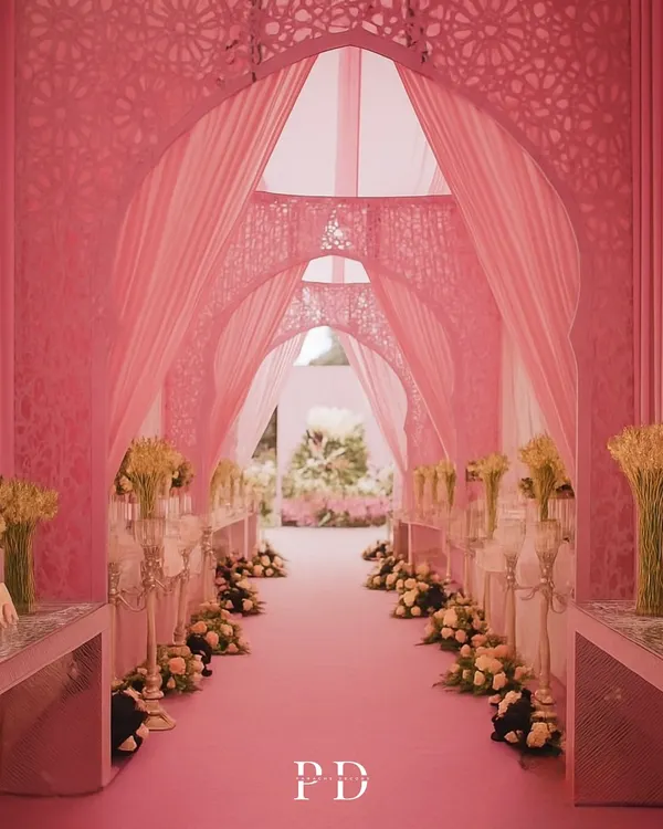 A pathway that feels like poetry in pink. For this wedding, we created a stunning entrance corridor with layered pink arches, soft drapery, and a carpet of flowers, immersing guests in romance from the start.