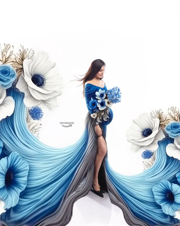 An example of my creative editing services, where I blend photography with digital art. Here, a beautiful blue gown transforms into a cascade of flowers, creating a truly magical and unique portrait.