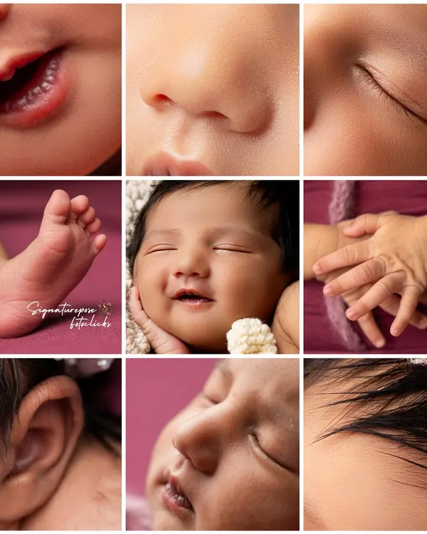 A collage celebrating all the perfect little details of a newborn. From tiny toes and fingers to delicate eyelashes and soft hair, we capture every precious feature.