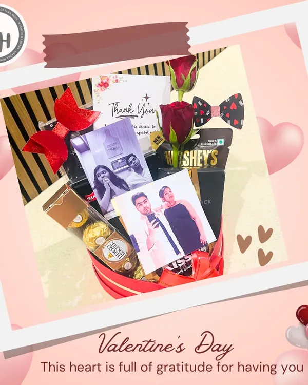 This Valentine's Day hamper is full of gratitude and love. It features personal photos, Ferrero Rocher chocolates, and Hershey's Kisses, all arranged in a beautiful heart-themed box.