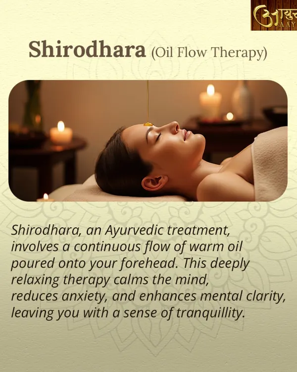 This is Shirodhara, a deeply calming therapy where a continuous stream of warm, medicated oil flows onto your forehead. It is one of the most effective treatments I offer for reducing stress, anxiety, and improving sleep quality.