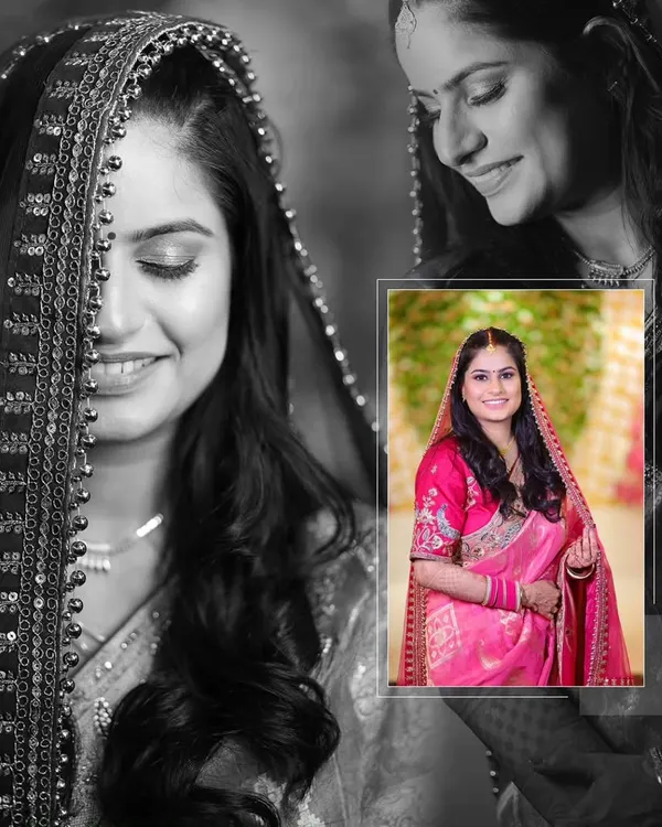A beautiful collage of a bride, blending black and white portraits with a color photo from one of her pre-wedding functions.