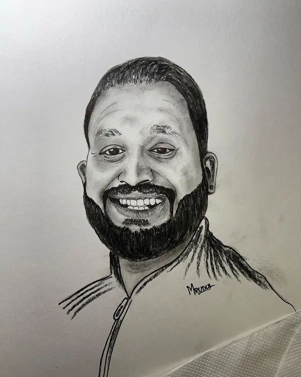 A close-up of a commissioned charcoal portrait, capturing a friend's joyful expression. These sketches are a wonderful way to celebrate the people in your life.
