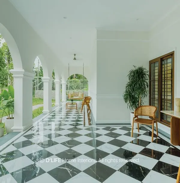 Welcome to a home where timeless elegance meets modern comfort. This beautiful arched veranda with classic checkered flooring opens into a space designed for serenity and style, showcasing our ability to blend classic and contemporary architecture.