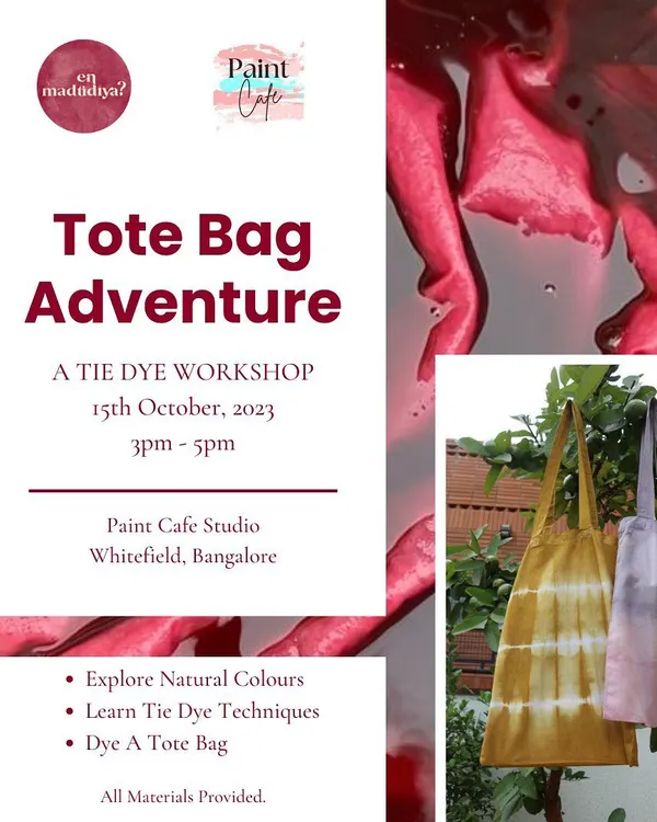 An announcement for our 'Tote Bag Adventure' tie-dye workshop. These sessions are perfect for private groups and can be hosted at cafes, offices, or even in a park.