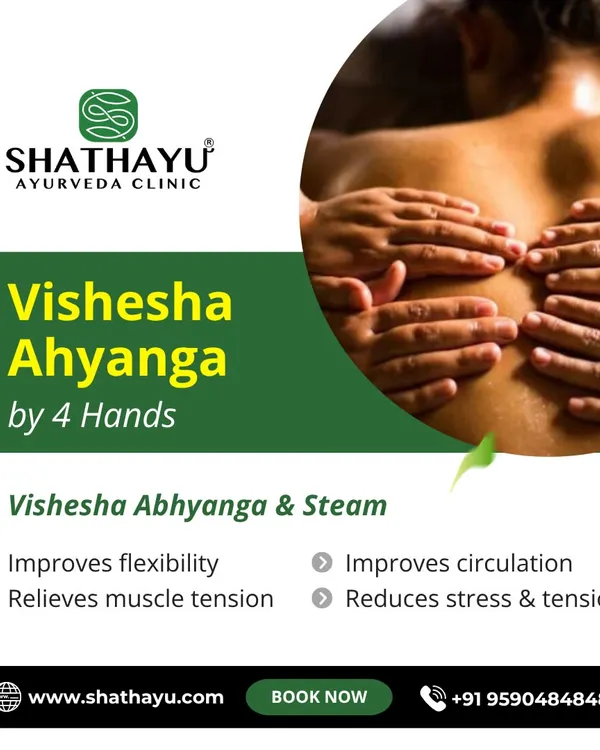 Vishesha Abhyanga is a four-hand massage that improves flexibility and circulation. This synchronized treatment is highly effective at relieving muscle tension and reducing overall stress.