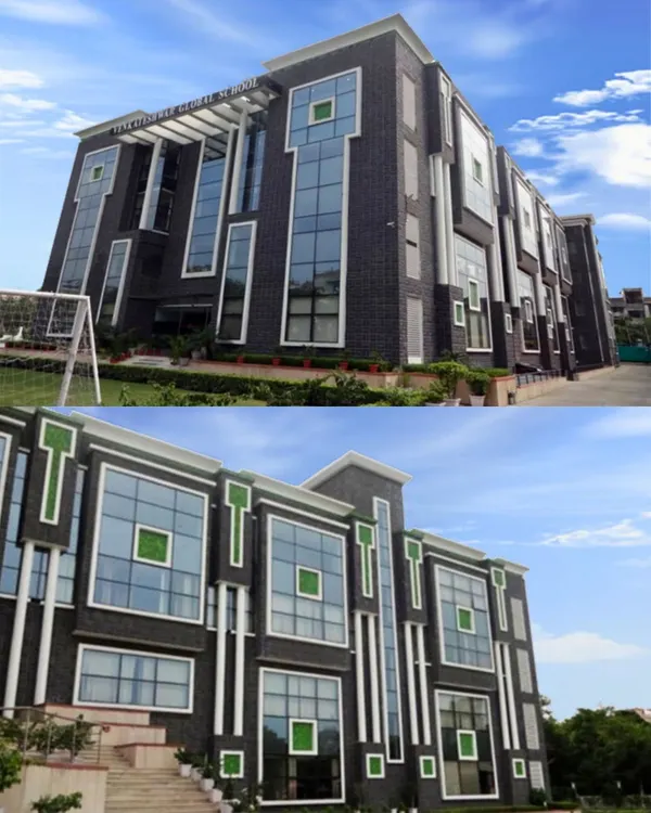 The Venkateshwar Group of Schools features a unified architectural identity across its Delhi campuses. This design uses bold geometric facades, expansive glass, and striking green accents to create a modern and recognizable institutional brand.