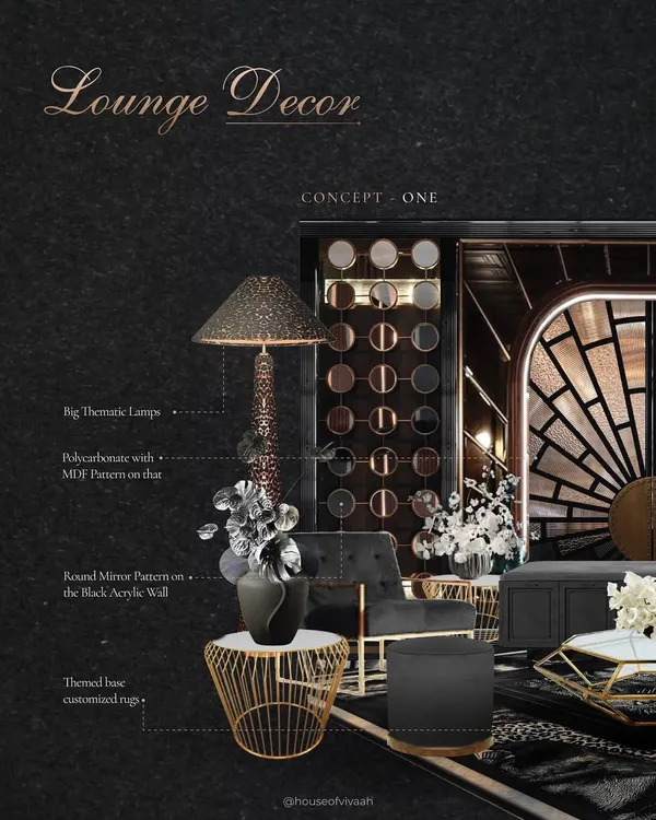 The initial concept for "The Dark Club" lounge. This board details every element, from the big thematic lamps and polycarbonate walls to the round mirror patterns, showcasing our meticulous planning process.