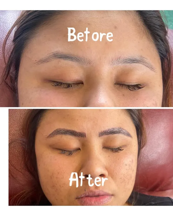 A clear before and after of our microblading service. We use a permanent tattooing technique to create fine, hair-like strokes, resulting in natural and fuller-looking brows.