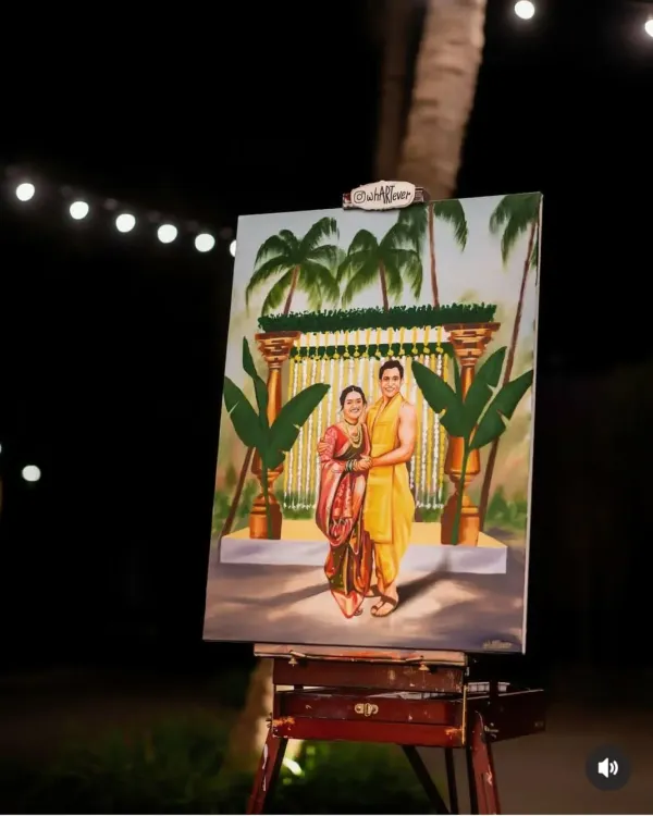 A completed painting of a beautiful Maharashtrian wedding ceremony, captured under the evening lights. The traditional attire and decor look stunning on canvas.