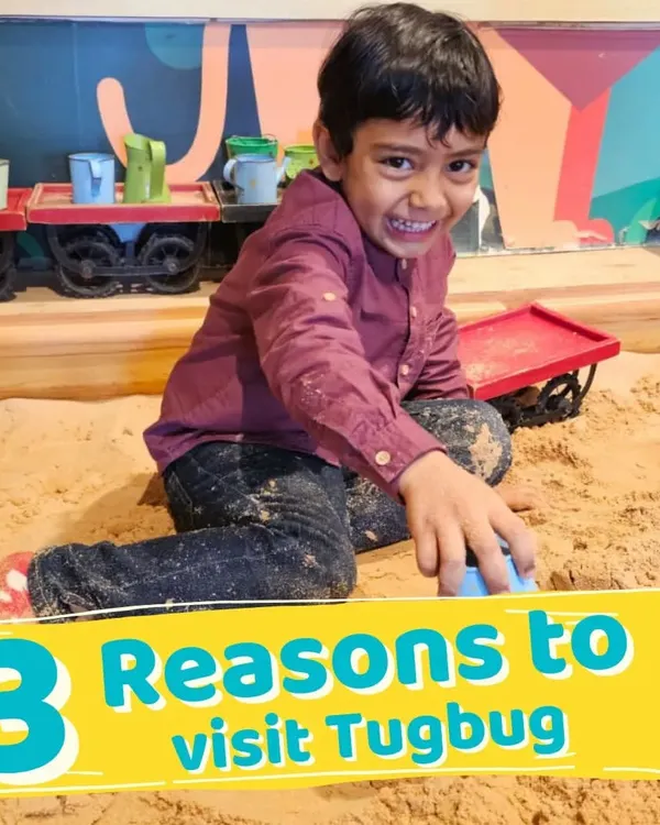 Welcome to the Tugbug play zone. This boy is having a great time exploring our indoor sandpit, a perfect activity for any day.