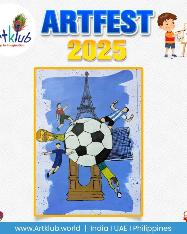 A senior artist's tribute to the global passion for football, featuring the Eiffel Tower and the World Cup trophy.