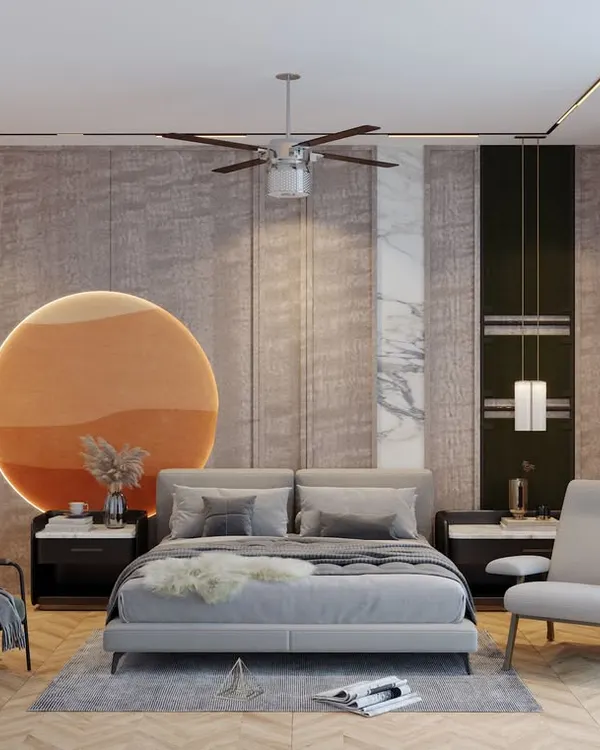 For this parents' room, we created a soothing environment with a soft, calming palette. The highlight is the circular sun-inspired feature wall behind the bed, which adds a gentle, warm focal point to this peaceful and elegant space.