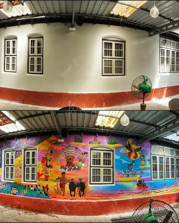 This before-and-after shot shows the transformation of a plain wall at a Mangalore cafe into a vibrant storybook of Tulunadu culture. The mural is packed with colorful scenes of Yakshagana, Kambala, and local life, creating an unforgettable atmosphere for customers.
