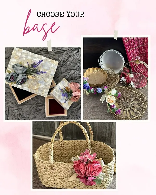 The first step in creating your perfect hamper is choosing the base. I offer a wide selection, from mother-of-pearl boxes and metal trays to rustic woven baskets, to set the right tone for your gift.