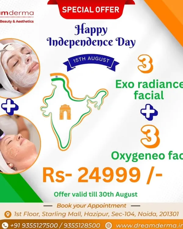 Celebrate with our special Independence Day offer. Get a package of 3 Exo Radiance Facials and 3 Oxygeneo Facials at a fantastic price. It's the perfect way to give your skin the freedom to glow.