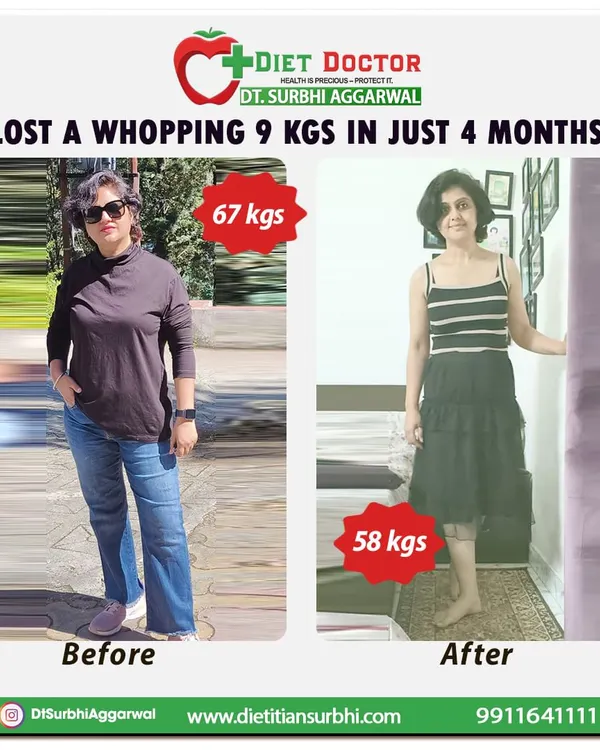 A fantastic achievement of losing 9 kgs in just 4 months. This client's journey shows that consistent, healthy changes lead to significant and visible results without resorting to extreme measures.