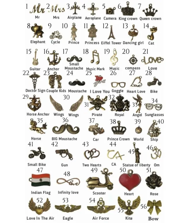 This is my extensive collection of charms that you can add to any accessory. I have options like crowns, airplanes, bikes, hearts, musical notes, and many more to match any personality.