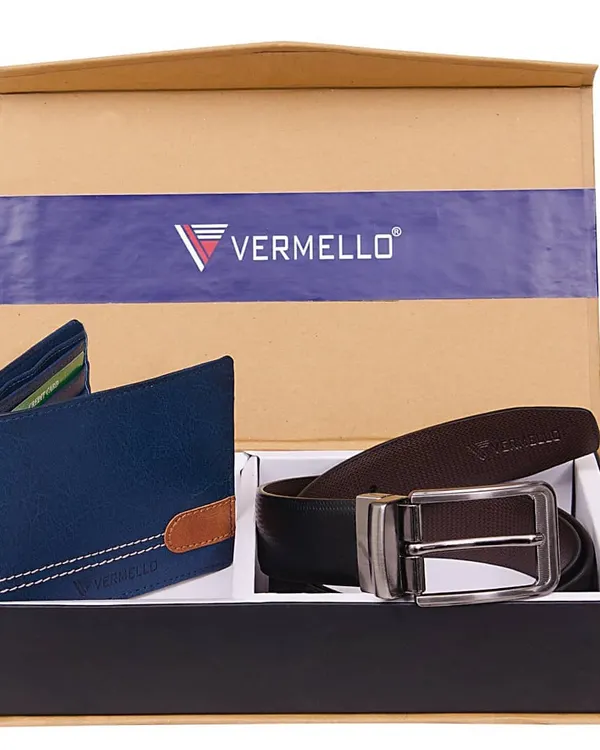 This gift set includes our two-tone blue genuine leather wallet with a tan accent, paired with a classic black leather belt. It arrives in a branded box, ready for corporate gifting programs.