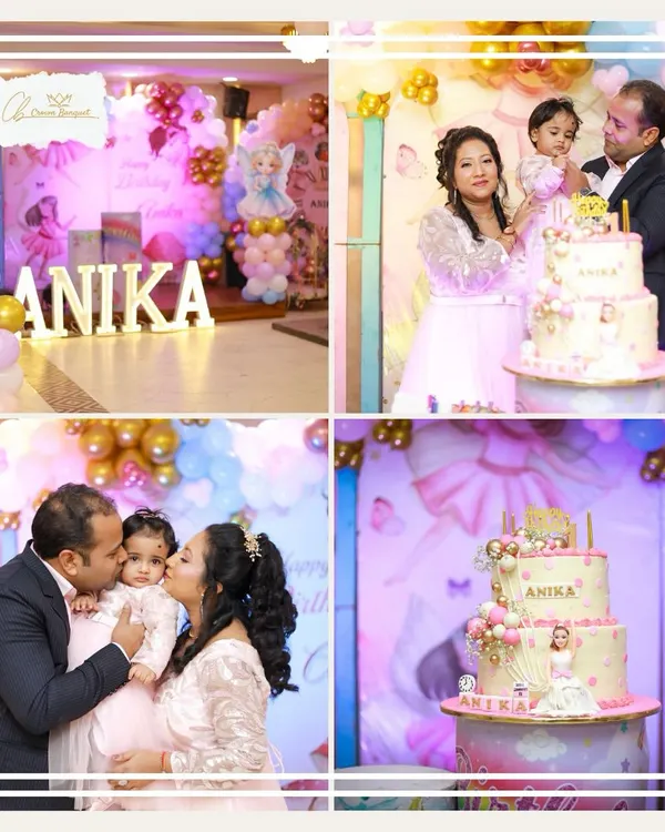 A collage from Anika's first birthday, showing the beautiful fairy-themed backdrop, a three-tiered custom cake, and the happy family celebrating together. We ensure every element, from decor to dessert, is picture-perfect.