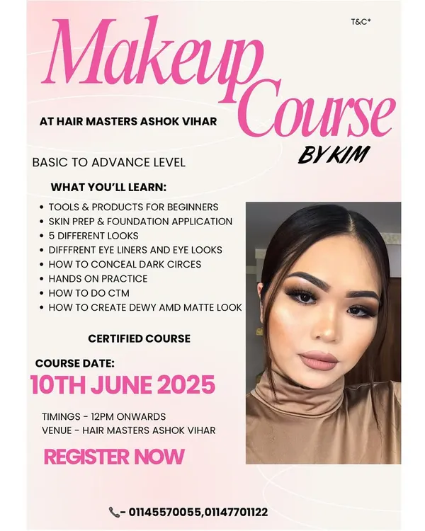 Join our comprehensive Makeup Artistry Course by Kim at our Ashok Vihar salon. This certified program covers everything from beginner fundamentals like skin prep and product knowledge to advanced techniques, including 5 different eye looks and creating dewy vs. matte finishes. This is your chance to get hands-on practice and start your journey to becoming a professional makeup artist.