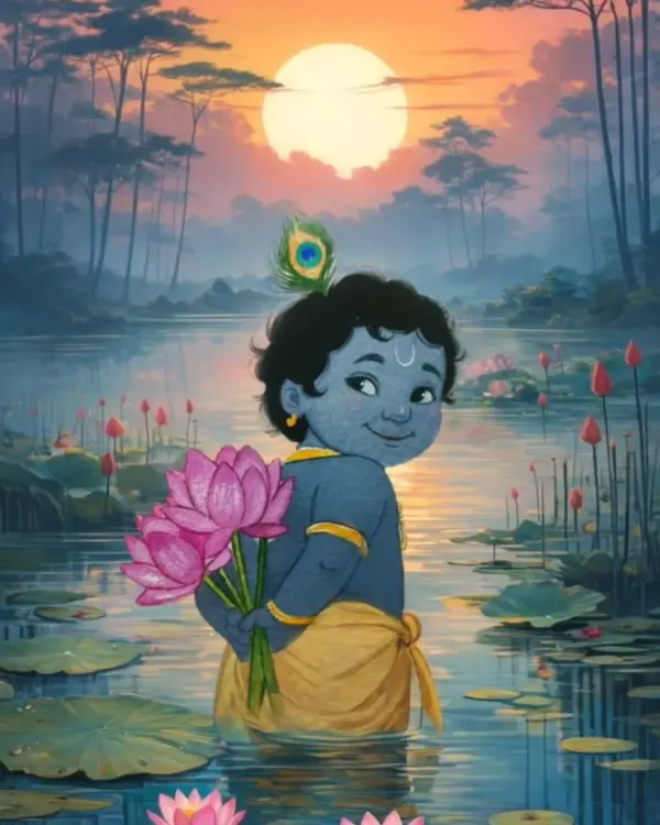A finished watercolor piece showing Baal Krishna in a lotus pond at sunset. I combined my painting with a digital background to create this serene and magical atmosphere. This artwork is available for purchase.