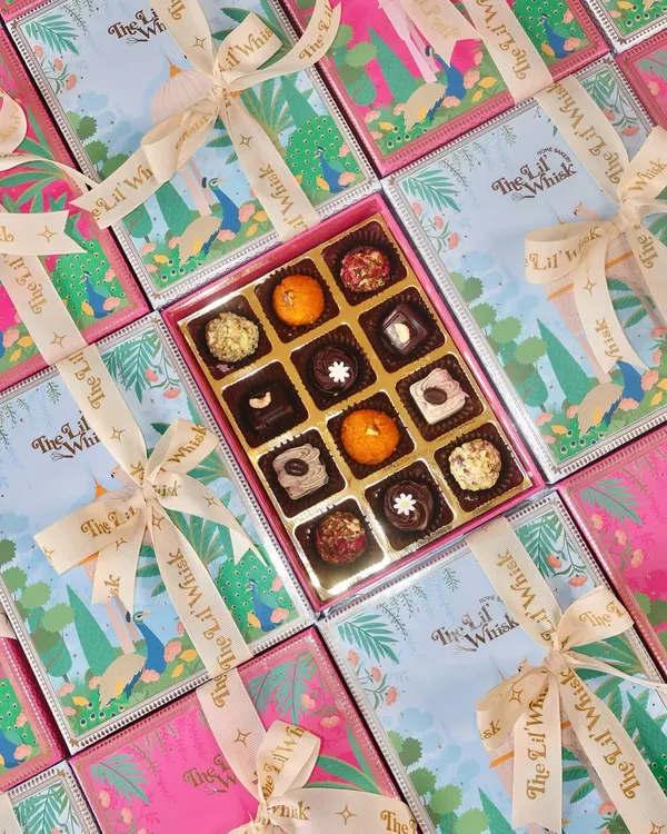 Our Peacock Paradise assorted sweets boxes ready for Diwali. Each box is filled with a variety of our signature Indian fusion sweets like Motichoor, Pistachio, and Rose Gulkand truffles.