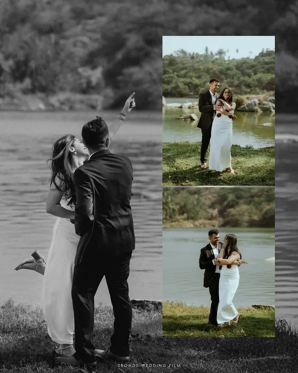 A creative black and white collage from a lakeside pre-wedding shoot, emphasizing the couple's playful and romantic interactions.