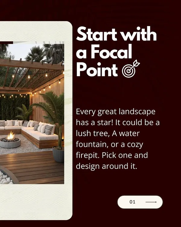 A core principle of my design process is to start with a strong focal point. Whether it is a lush tree, a water fountain, or a cozy firepit like the one shown here, this central element provides structure and purpose, allowing the rest of the landscape design to unfold naturally around it.
