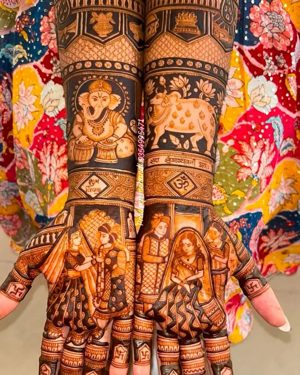 This is the kind of full bridal mehandi I love to create. It features a complete wedding story on the hands, with a varmala ceremony, the auspicious Lord Ganesha for blessings, and a sacred cow motif for prosperity.